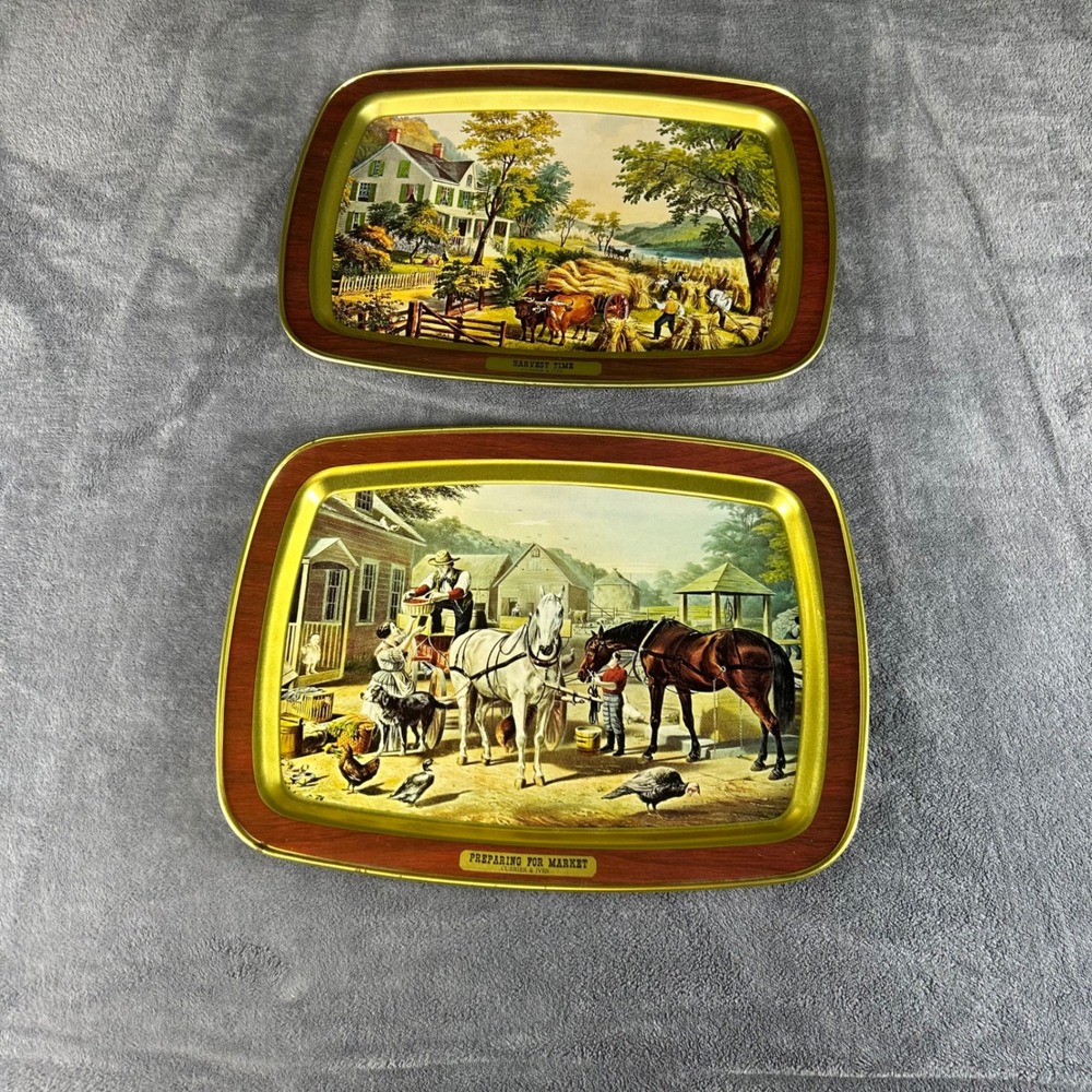 Vintage Currier & Ives Metal Trays Set Harvest‎ Time Preparing For Market 2pc